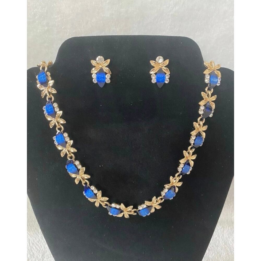 Blue Crystal Floral Necklace Earring Set Gold Tone Rhinestone Jewelry